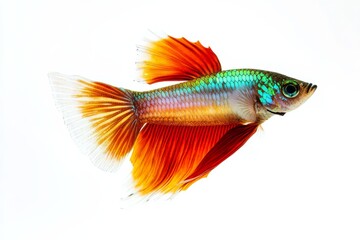 Fototapeta premium Mystic portrait of Fantail Guppy Fish in studio, copy space on right side, Close-up View, isolated on white background