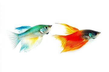 Fototapeta premium the beside view Fantail Guppy Fish, left side view, white copy space on right, Isolated on White Background
