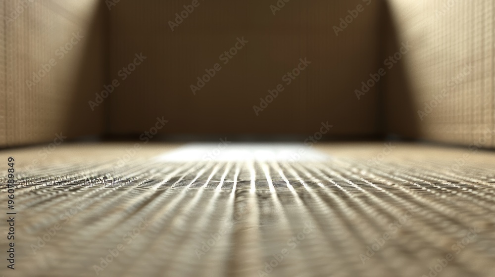 Poster a close-up view of the textured floor inside a cardboard box, illuminated by a soft light during the
