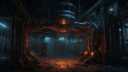 A dark, industrial room with a large metal machine in the center.