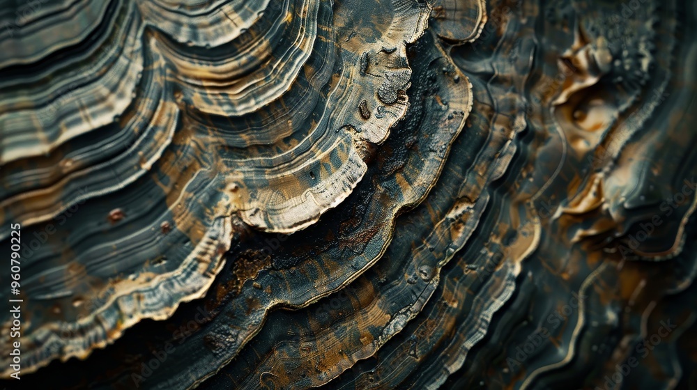 Poster close-up view of a beautifully patterned seashell on a rocky surface during low tide at the beach