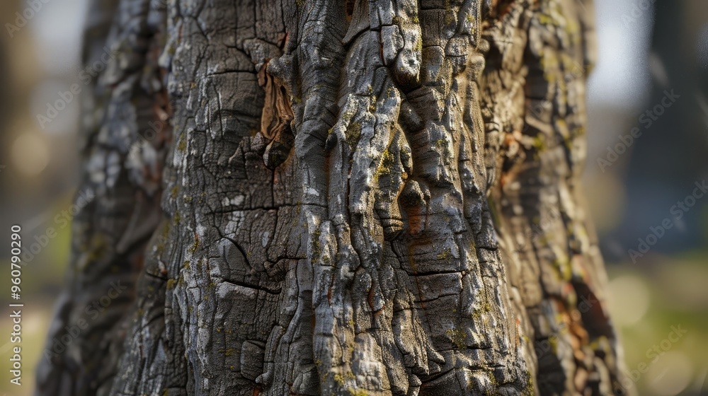 Poster close-up view of weathered tree bark in a sunlit forest during springtime