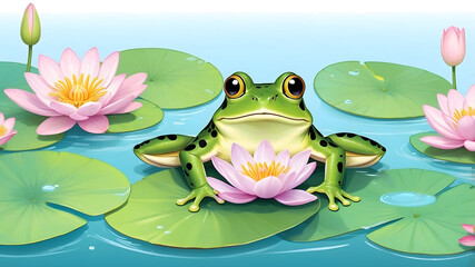 Frog on a Lily Pad in a Pond