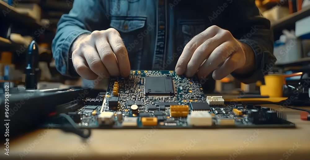 Poster a man is working on a computer chip