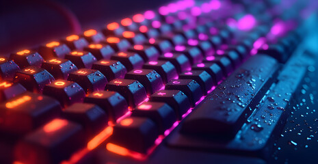 A keyboard with a red, orange, and blue glow