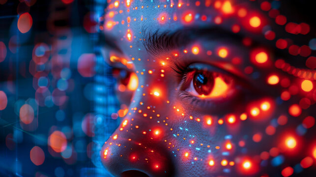A close up of secure login screen with facial recognition technology, showcasing vibrant patterns and glowing lights. image evokes sense of advanced security and innovation.