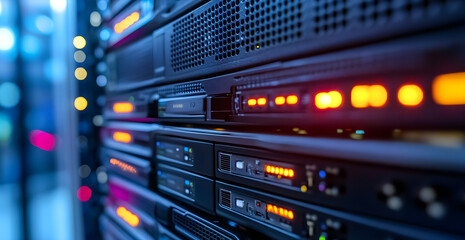 Obraz premium A row of computer servers with lights on them