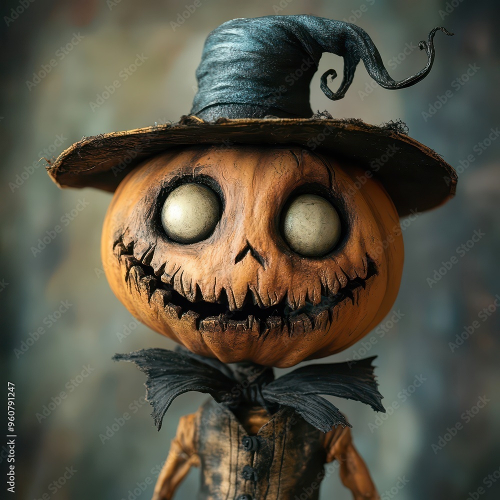 Wall mural Pumpkin-themed figure in a witch hat with a spooky expression indoors