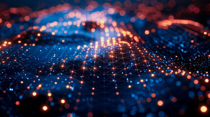 Obraz premium Digital rendering of an artificial intelligence landscape with glowing nodes and connections, creating vibrant network of data.