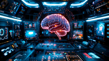 Obraz premium AI or Artificial Intelligence technology A holographic display showing digital human brain in futuristic environment. vibrant colors and intricate details create captivating visual experience.