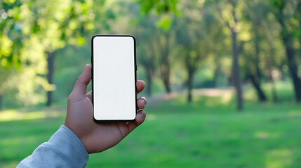 Hand holding a smartphone with a blank screen in front of a blurry green park background.