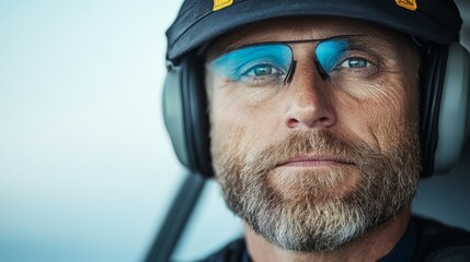 Minimalist depiction of a pilot in aviation with a serene expression professional portrait against a softly faded background in an airplane or cockpit setting with ample copy space for text travel and