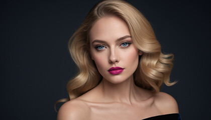 Fototapeta premium Elegant Young Woman with Long Blonde Hair in Indoor Photoshoot on Beige Background
