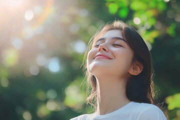 Happy, woman and face in nature for thinking, positive mindset and carefree with mockup space