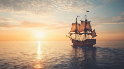 Obraz premium A majestic sailing ship glides across calm waters at sunset creating a tranquil atmosphere on the horizon