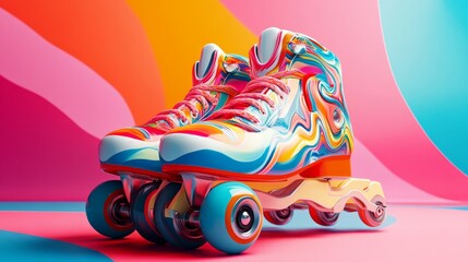 Colorful roller skates against a vibrant background with playful patterns and bright hues in a creative studio setting