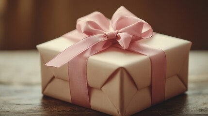 Obraz premium A neatly wrapped gift with a pink ribbon sits on a wooden table, creating an inviting and festive atmosphere
