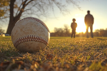 A baseball is lying on the grass in front of a man and a boy. Concept of father and son bonding.