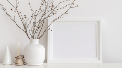 Arrange white frame and dry twigs in vase on shelf or desk. White hues.