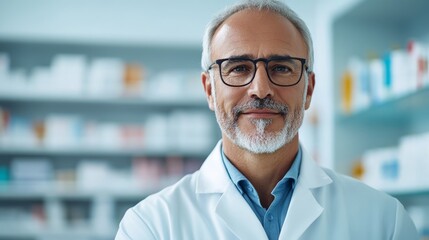 Minimalist depiction of a pharmacist in healthcare with a serene expression professional portrait against a softly faded background in a pharmacy or drugstore setting with ample copy space for text me