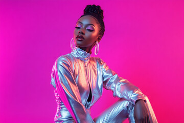 Neon Pink Background Woman in Silver Jumpsuit Fashion Lifestyle Portrait