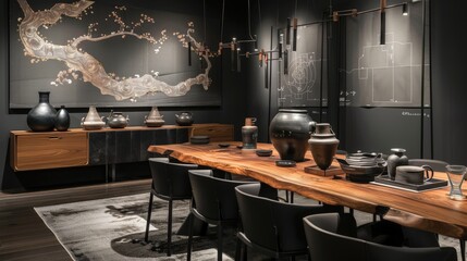 Modern Black Dining Room with Stylish Wooden Table and Elegant Accessories 