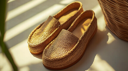 A pair of woven espadrille loafers in a natural color.