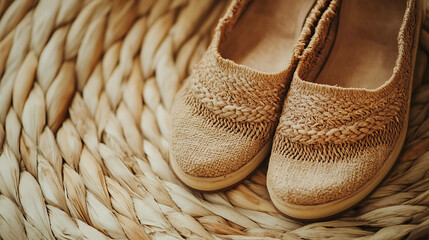 A pair of woven straw flats on a woven mat.