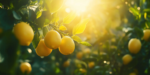 Lemon Tree with Bright Yellow Lemons and Sunlight