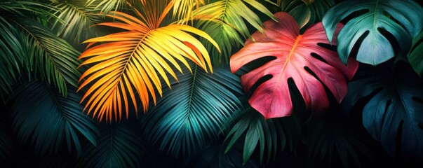 Vibrant tropical leaves with red, yellow and green colors against a dark background.