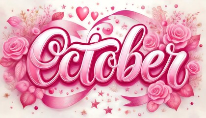 Pink October flyer featuring bold cursive lettering with delicate pink flowers and heart accents. Breast Cancer Awareness Month. Graphic art illustration