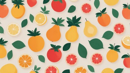 A vibrant pattern of fresh fruits and leaves.