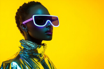 Fashion Lifestyle Portrait Woman in Metallic Suit with Neon Yellow Background