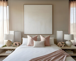 Minimalist Bedroom Decor with Blank Canvas and Neutral Tones