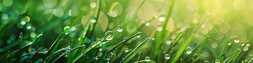 Vibrant Green Grass with Circular Raindrops - Macro Shot with Soft Focus Background