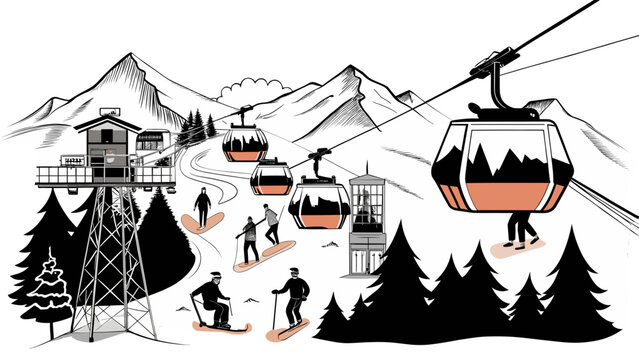 Ski resort illustration with gondola lifts and snowboarders on snowy mountain slopes