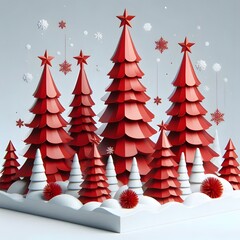 Red christmas trees with snow, modern design , isolated on a white background, 3d shapes