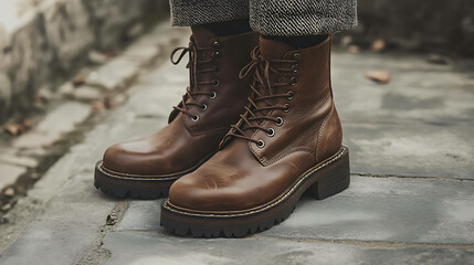 Brown leather boots with laces on a concrete background.