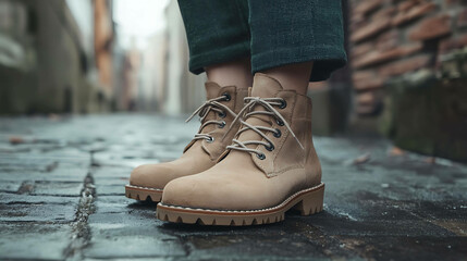 Close-up of a person wearing tan ankle boots with brown laces.