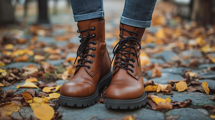 Closeup of brown leather boots on a stone path with fallen leaves.
