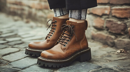 Brown leather lace-up boots.