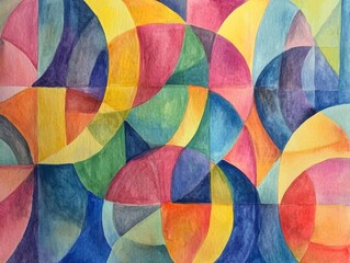 Fototapeta premium An abstract geometric watercolor painting featuring overlapping and intersecting colorful shapes, including circles and semi-circles, with a vibrant and textured appearance.