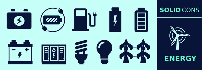 Energy solid icon set for presentation, explanation, marketing. Silhouettes of smart grid, battery, lightbulb, relays and many more. Editable outline, size and color.