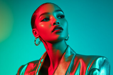 Woman in Metallic Suit & Solid Neon Teal Background Fashion Lifestyle Portrait, Contemporary and Chic
