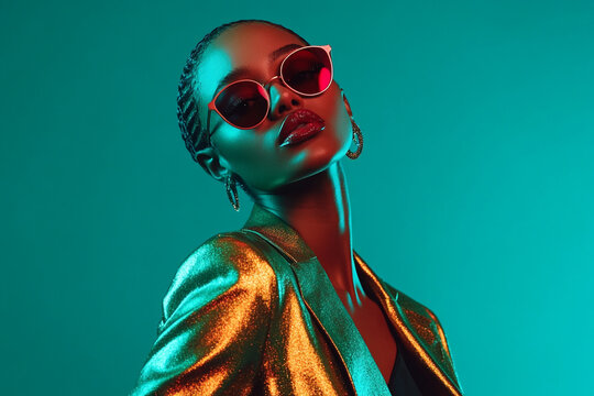 Woman in Metallic Suit with Solid Neon Teal Background Fashion Lifestyle Portrait, Modern and Bold