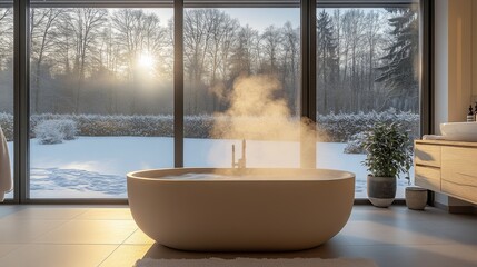 A contemporary bathroom featuring a large bathtub with steam rising, set against a backdrop of a...