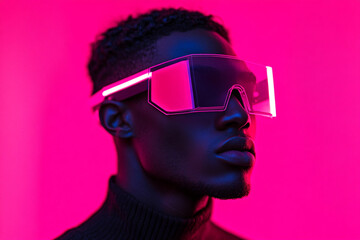 Trendy Men Sporting Holographic Face Mask with Solid Neon Pink Background Fashion Lifestyle Portrait, Bold