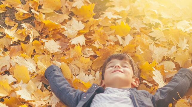 heartwarming scene of a young boy lying joyfully in a pile of vibrant autumn leaves, viewed from above. Ideal for portraying childhood fun, outdoor adventures, and the seasonal bea