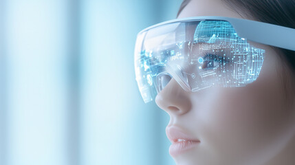closeup of a woman using futuristic smart glasses, highlighting the evolution of business communication, job innovation, and advanced digital connectivity. Suitable for tech-forwar