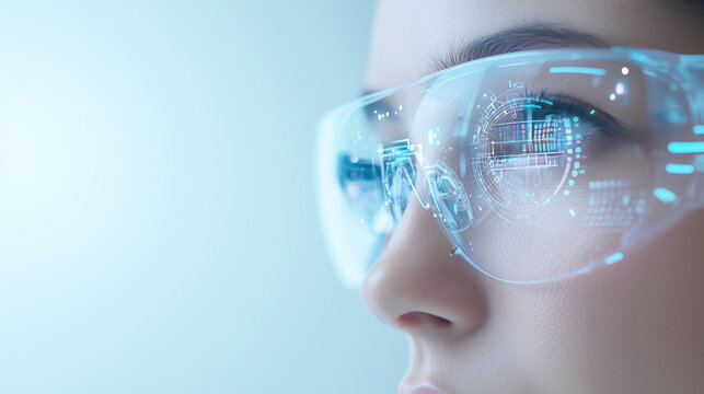 closeup of a woman using futuristic smart glasses, highlighting the evolution of business communication, job innovation, and advanced digital connectivity. Suitable for tech-forwar